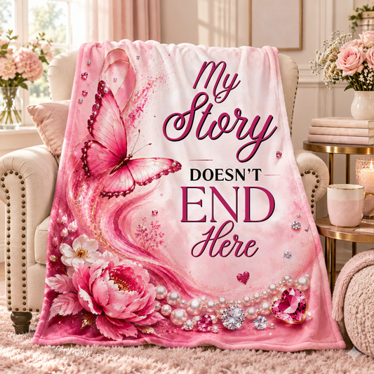 My Story Doesn’t End Here Breast Cancer Awareness Blanket | Pink Butterfly & Floral Survivor Gift