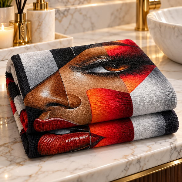 Black Woman Bathroom Wall Art Towel | “I’m Looking at You” Afrocentric Queen | Chic Red Silver Abstract Bath Towel