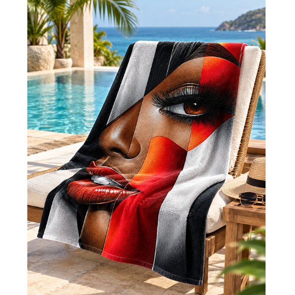 Black Woman Bathroom Wall Art Towel | “I’m Looking at You” Afrocentric Queen | Chic Red Silver Abstract Bath Towel