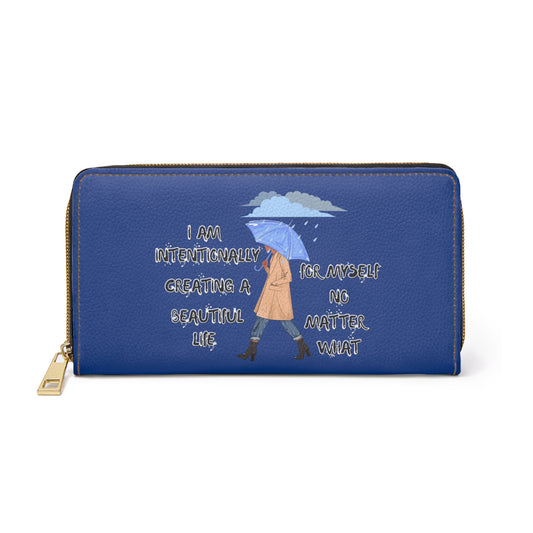 "I AM Intentionally Creating A Beautiful Life"- Positive Afrocentric Affirmation Vegan Leather Wallet Bag- Empower Your Style and Self-Love' ; Blue Wallet