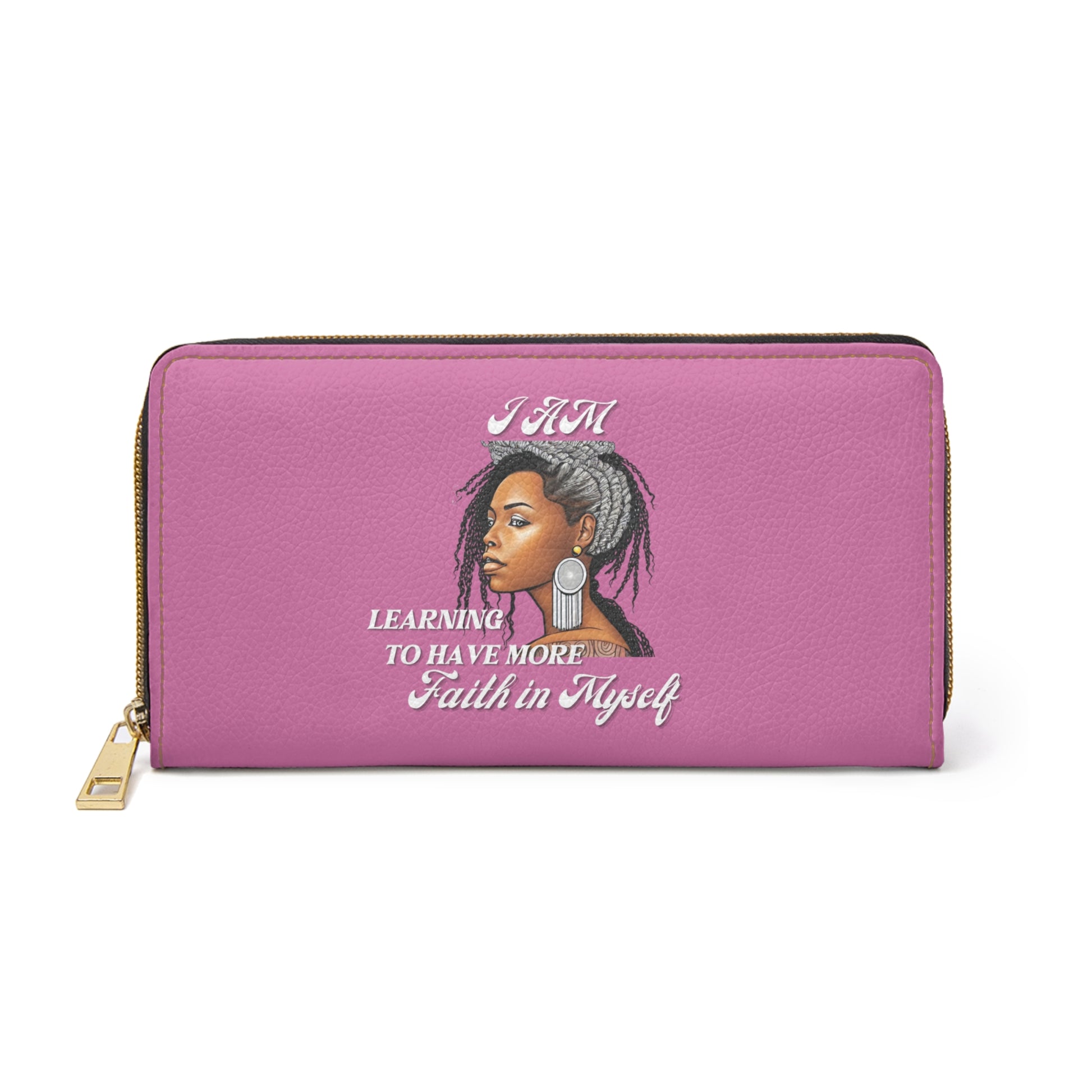 " Faith In Myself" -Positive Afrocentric Affirmation Vegan Leather Wallet Bag- Empower Your Style and Self-Love; Pink Wallet