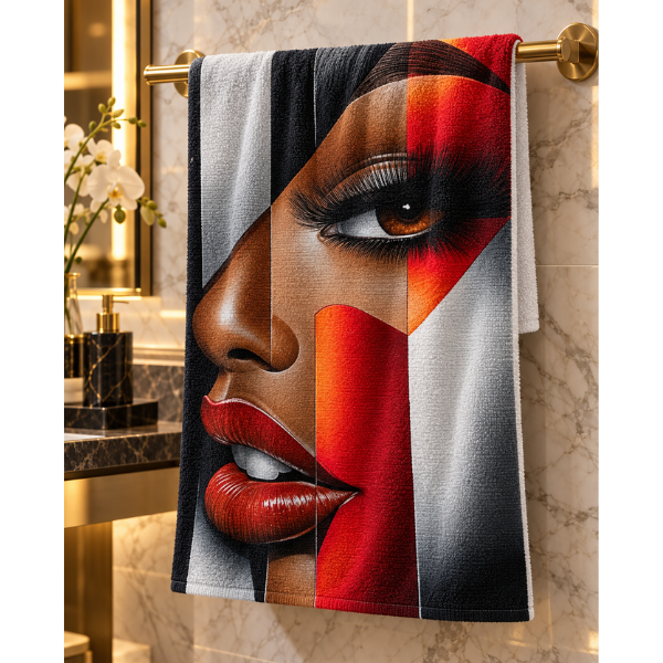 Black Woman Bathroom Wall Art Towel | “I’m Looking at You” Afrocentric Queen | Chic Red Silver Abstract Bath Towel