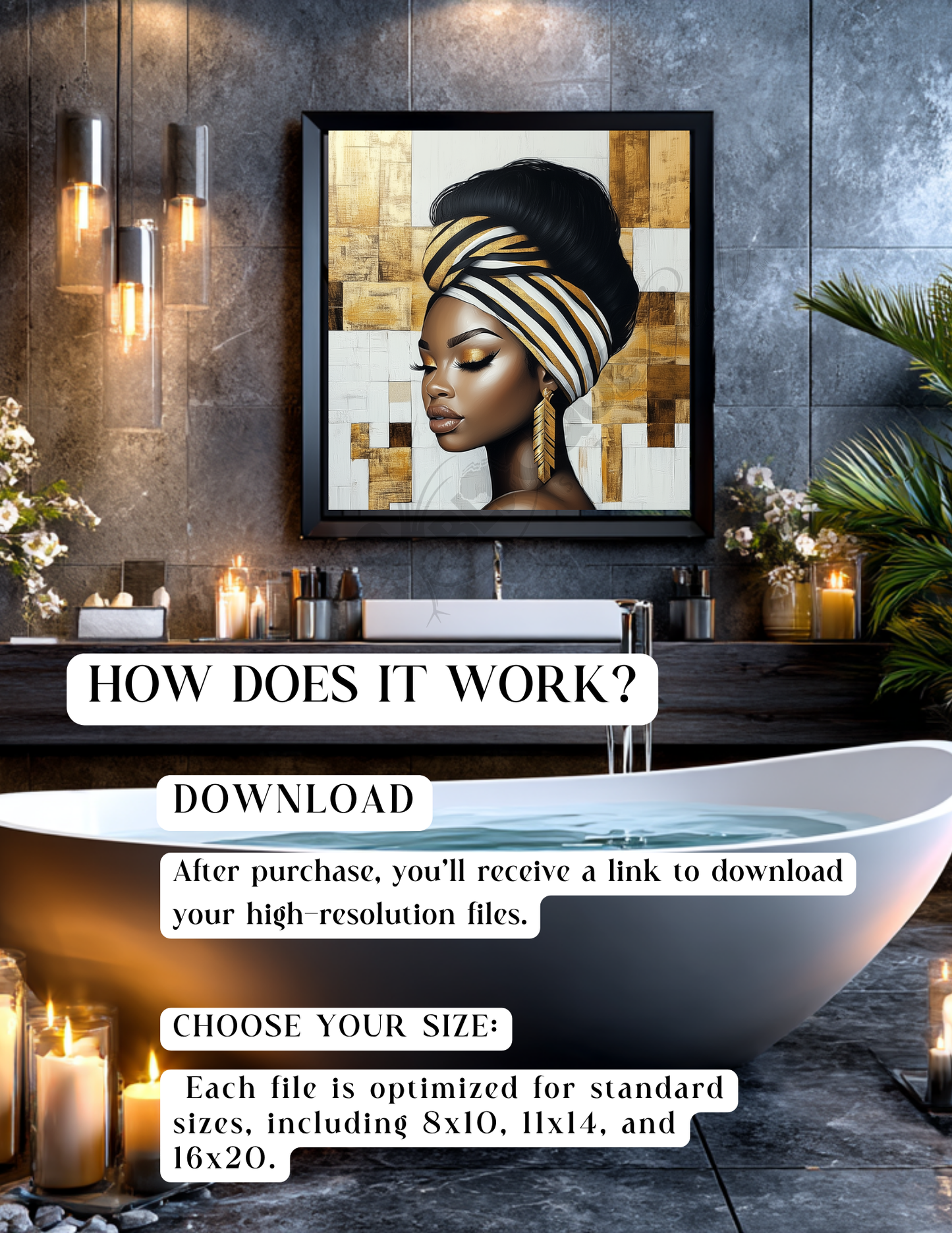 Afro-Luxury Bathroom Wall Art Set | Bold Black Woman Portraits | Digital Download Decor