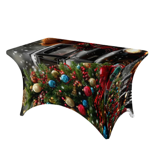 Christmas Table Cover | Vintage Truck with & Tree | 4ft Holiday Stretch Tablecloth