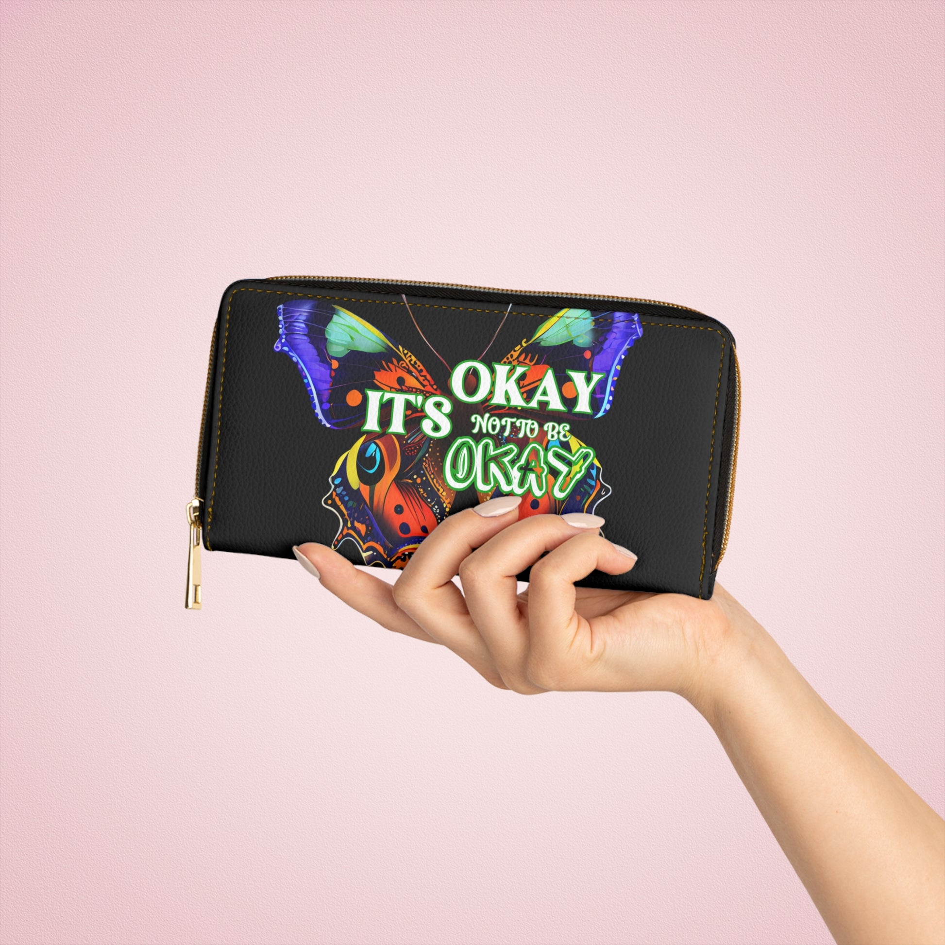 IT’S OKAY, NOT TO BE OKAY- Positive Afrocentric Affirmation Vegan Leather Wallet Bag- Empower Your Style and Self-Love ; Black Butterfly Wallet