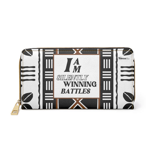 I AM SILENTLY WINNING BATTLES- Positive Afrocentric Affirmation Vegan Leather Wallet Bag- Empower Your Style and Self-Love ; Adinkra Print Wallet