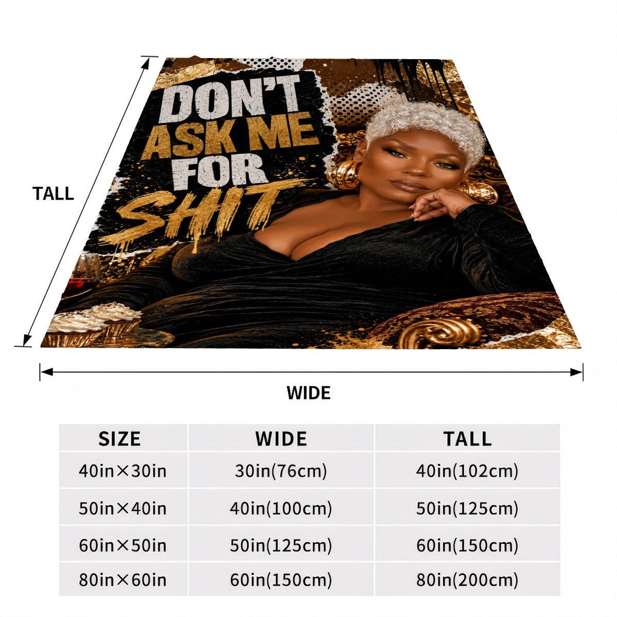 Size chart showing the flannel blanket dimensions