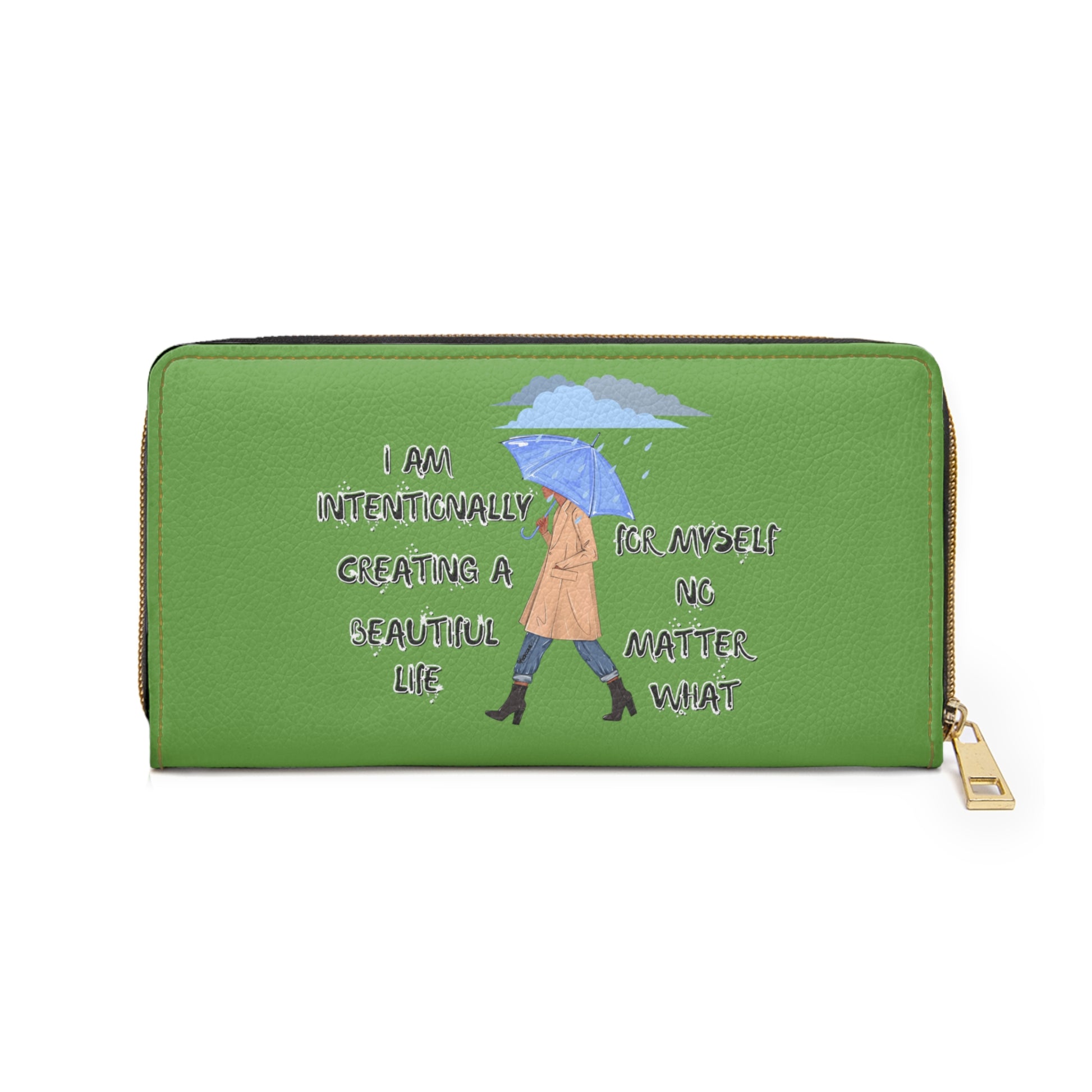 "I AM Intentionally Creating A Beautiful Life"- Positive Afrocentric Affirmation Vegan Leather Wallet Bag- Empower Your Style and Self-Love' ; Green Wallet