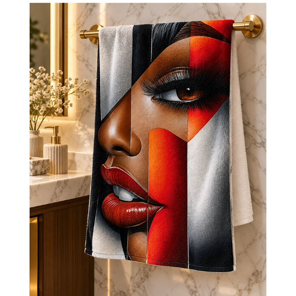 Black Woman Bathroom Wall Art Towel | “I’m Looking at You” Afrocentric Queen | Chic Red Silver Abstract Bath Towel