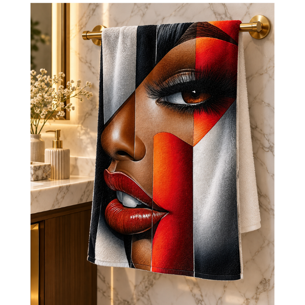 Black Woman Bathroom Wall Art Towel | “I’m Looking at You” Afrocentric Queen | Chic Red Silver Abstract Bath Towel