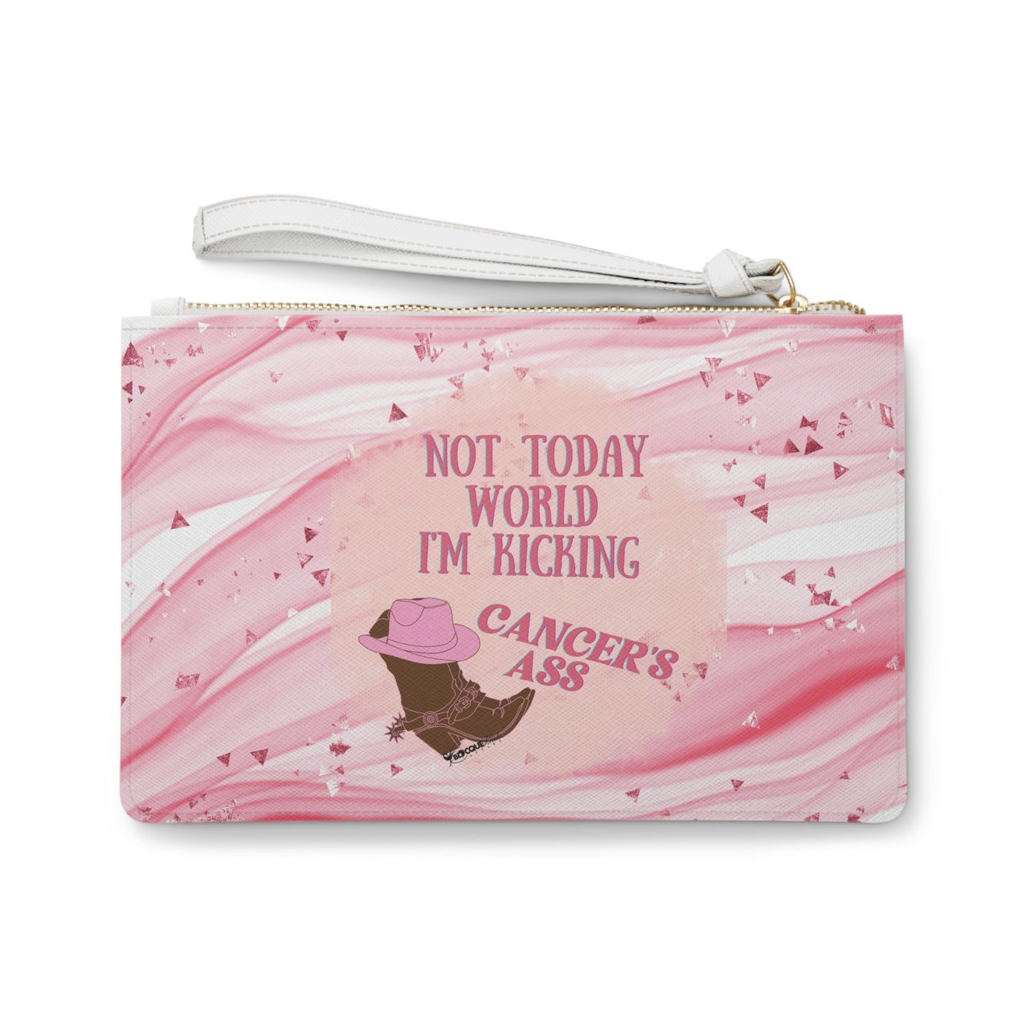 *Clearance* Breast Cancer Affirmation Clutch Bag – “Not Today World, I’m Kicking Cancer’s Ass”