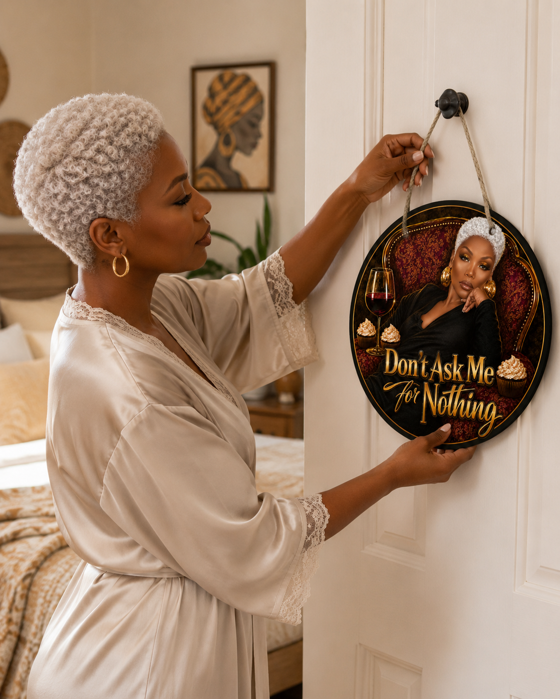Don’t Ask Me For Nothing Luxe Lounge Round Wooden Door Sign | Black Woman Self-Care Decor