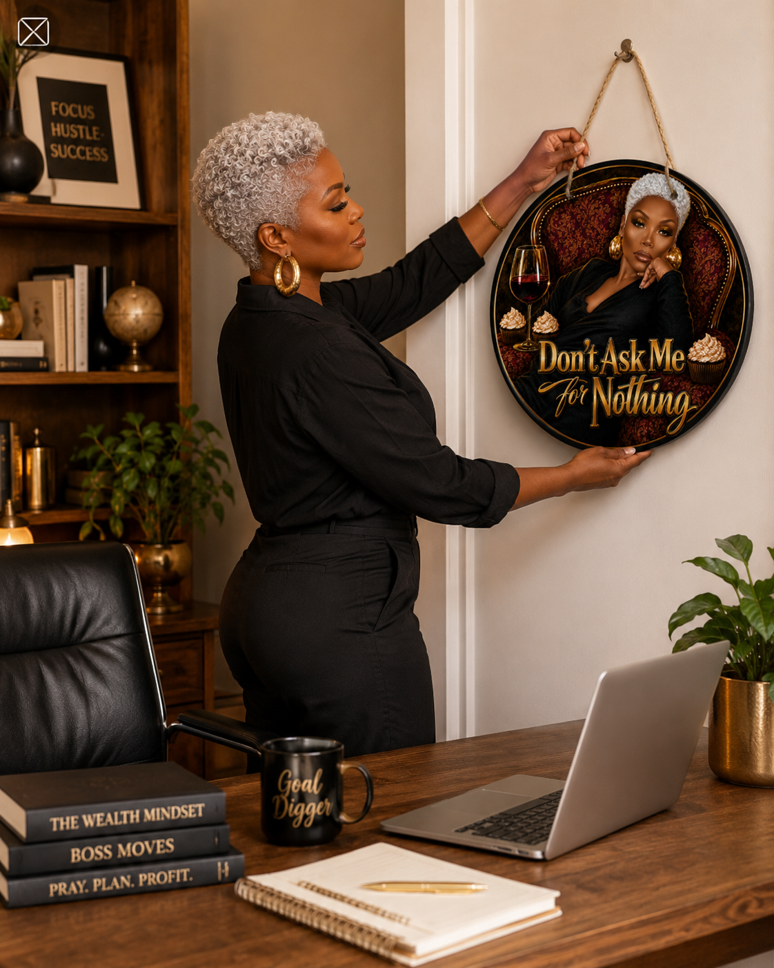 Don’t Ask Me For Nothing Luxe Lounge Round Wooden Door Sign | Black Woman Self-Care Decor