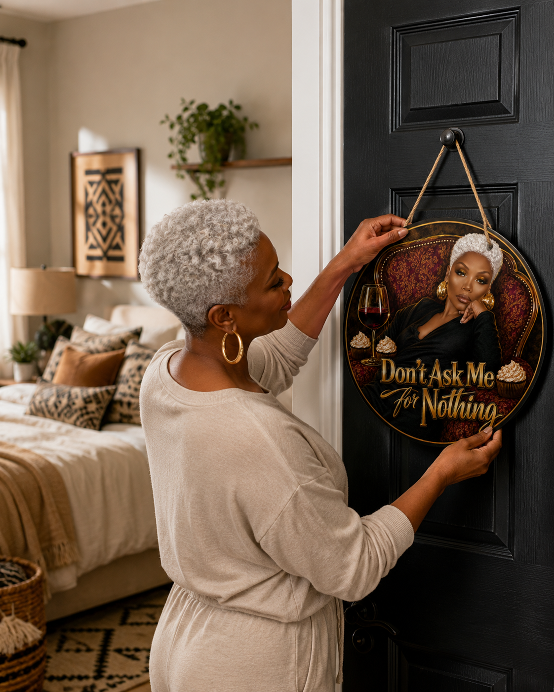 Don’t Ask Me For Nothing Luxe Lounge Round Wooden Door Sign | Black Woman Self-Care Decor