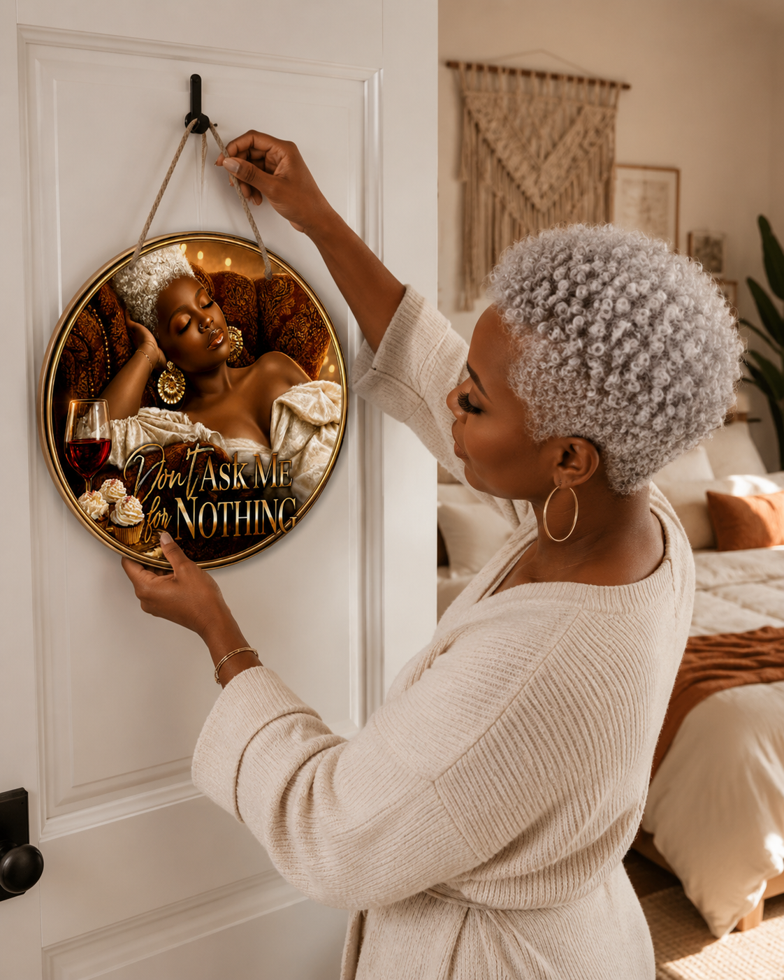 Don’t Ask Me For Nothing Soft Luxury Round Wooden Door Sign | Elegant Black Woman Resting Decor
