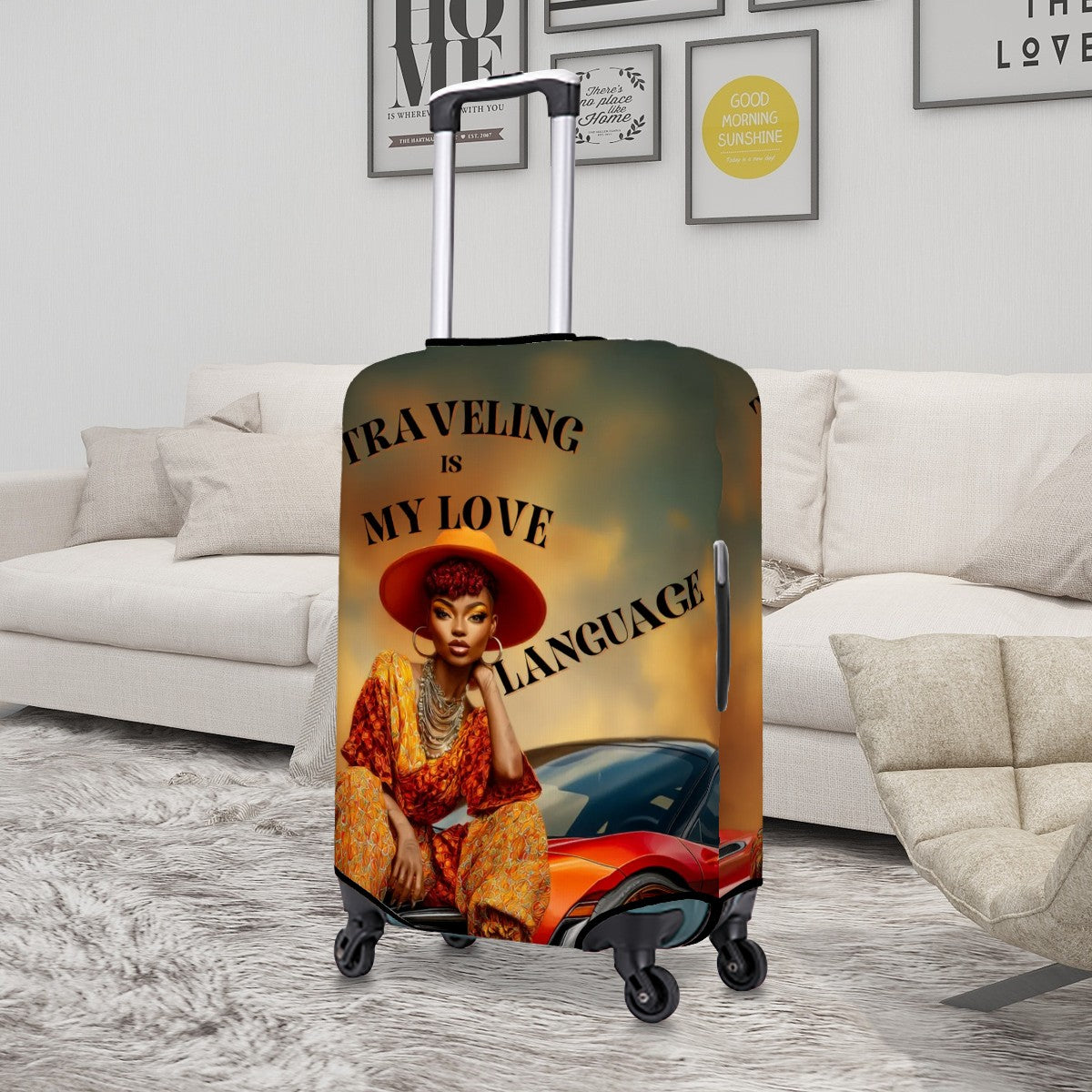 Traveling Is My Love Language Luggage Cover | Afrocentric Travel Art | Protective Suitcase Cover | Gift for Women
