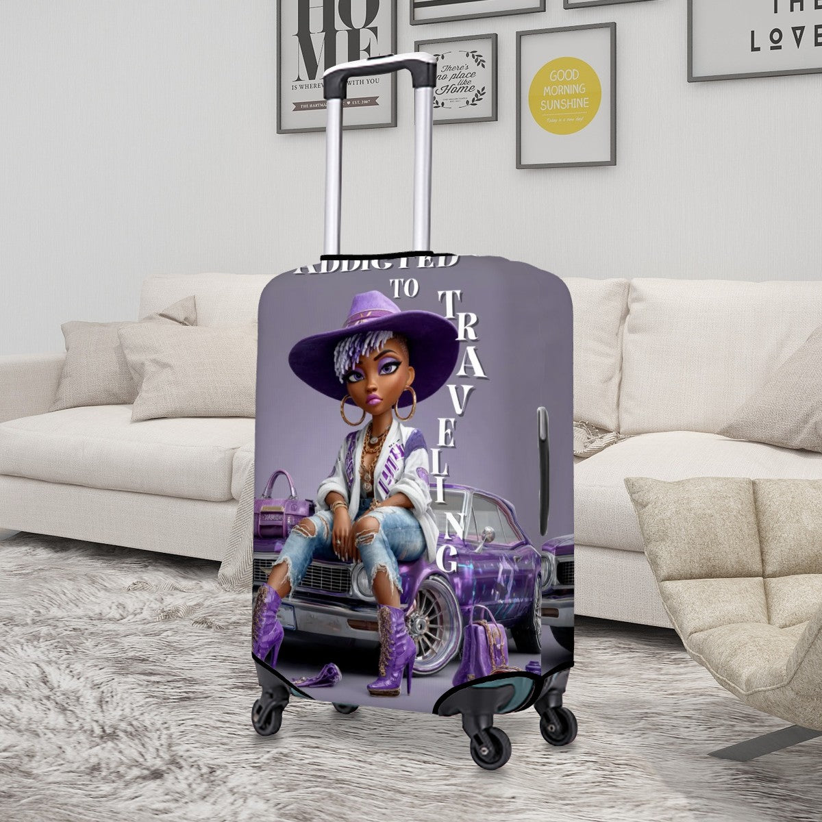 Protective Luggage Cover | Afrocentric Purple Artwork | Bold Cultural Travel Gear | Washable Suitcase Wrap