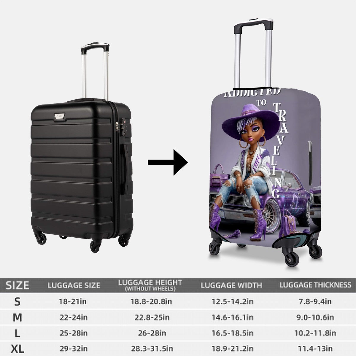 Protective Luggage Cover | Afrocentric Purple Artwork | Bold Cultural Travel Gear | Washable Suitcase Wrap