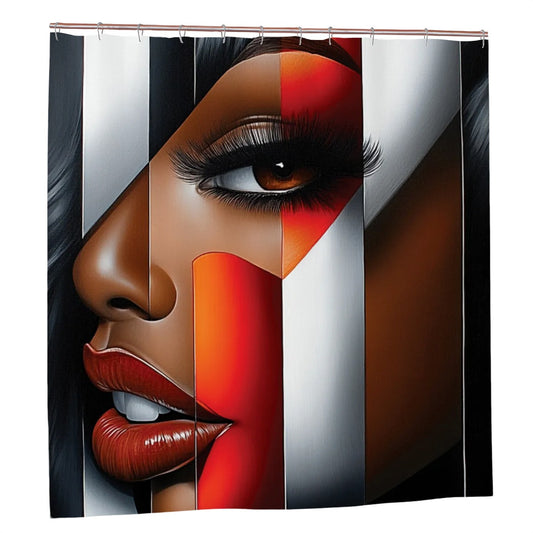 Black Woman Bathroom Wall Art Shower Curtain | “I’m Looking at You” Afrocentric Queen | Red & Silver Abstract Chic Bathroom Decor