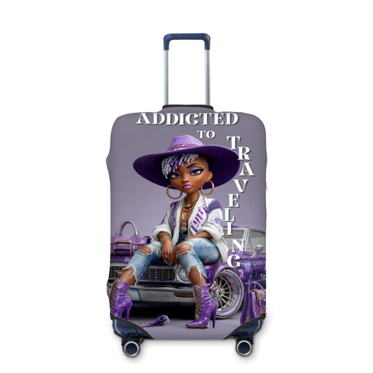 Protective Luggage Cover | Afrocentric Purple Artwork | Bold Cultural Travel Gear | Washable Suitcase Wrap