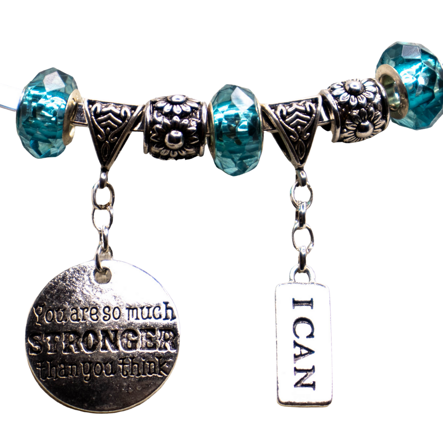 You Are Stronger Than You Think & I Can - Affirmation Charm, Sky Blue Chunky Beads , Silver Necklace choker
