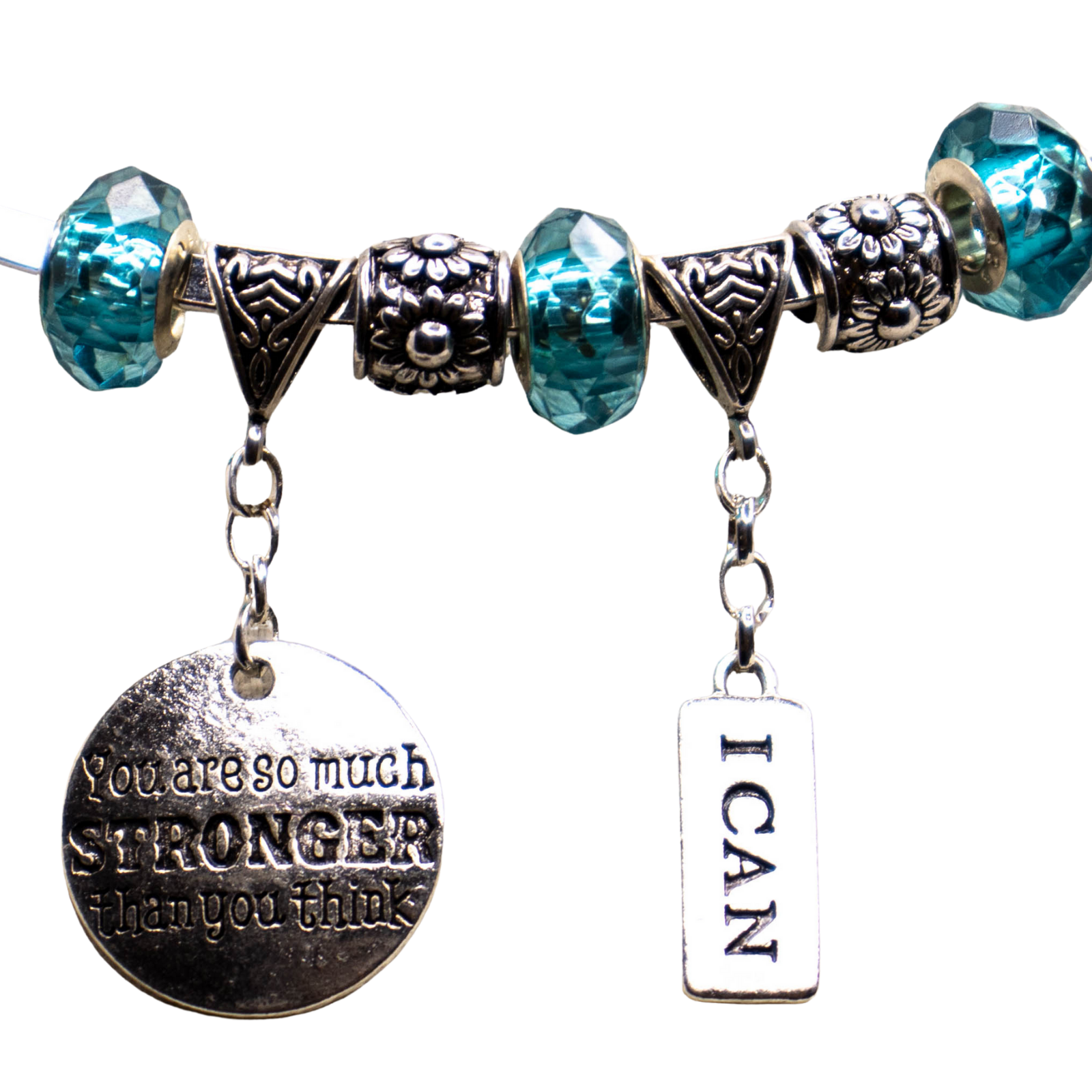 You Are Stronger Than You Think & I Can - Affirmation Charm, Sky Blue Chunky Beads , Silver Necklace choker