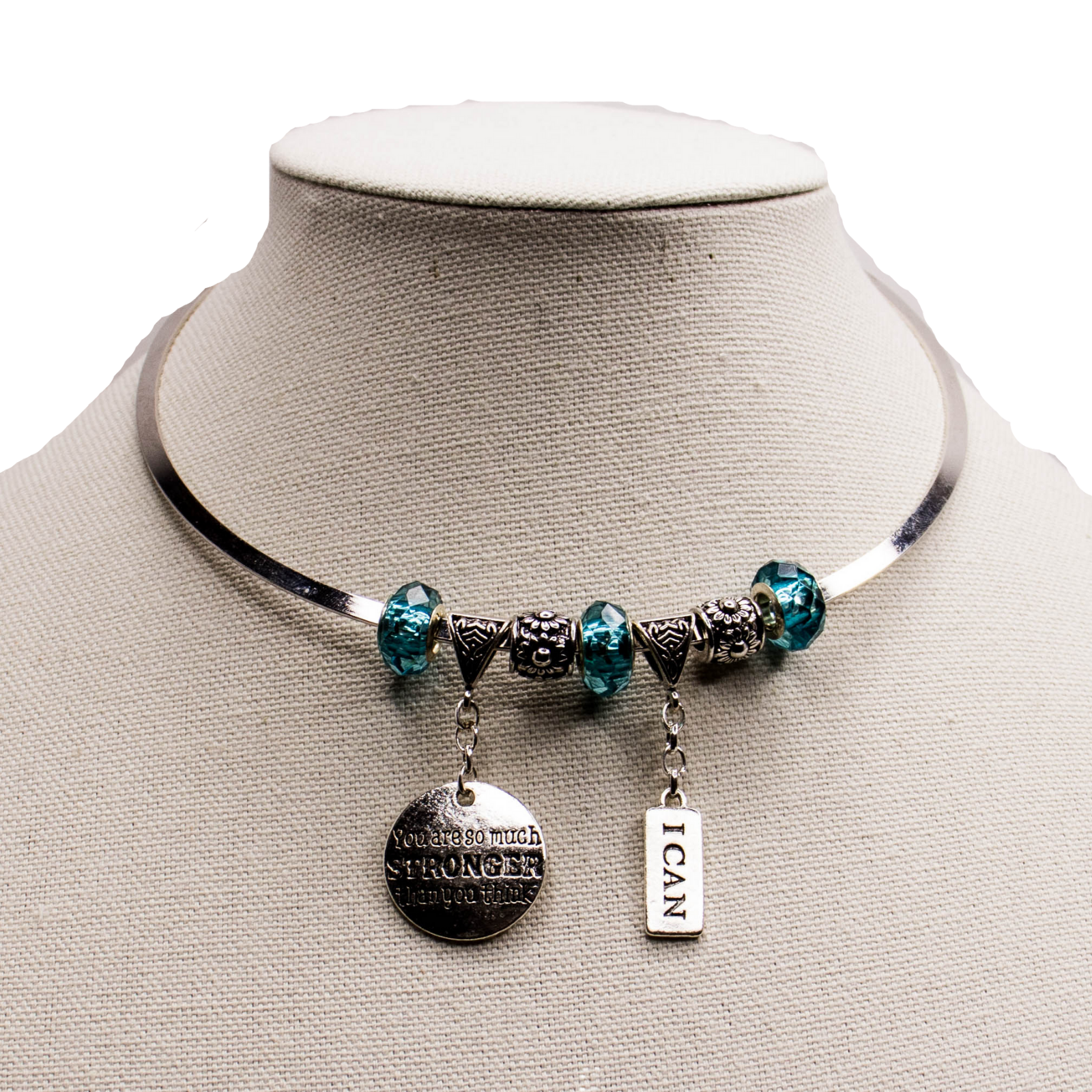 You Are Stronger Than You Think & I Can - Affirmation Charm, Sky Blue Chunky Beads , Silver Necklace choker