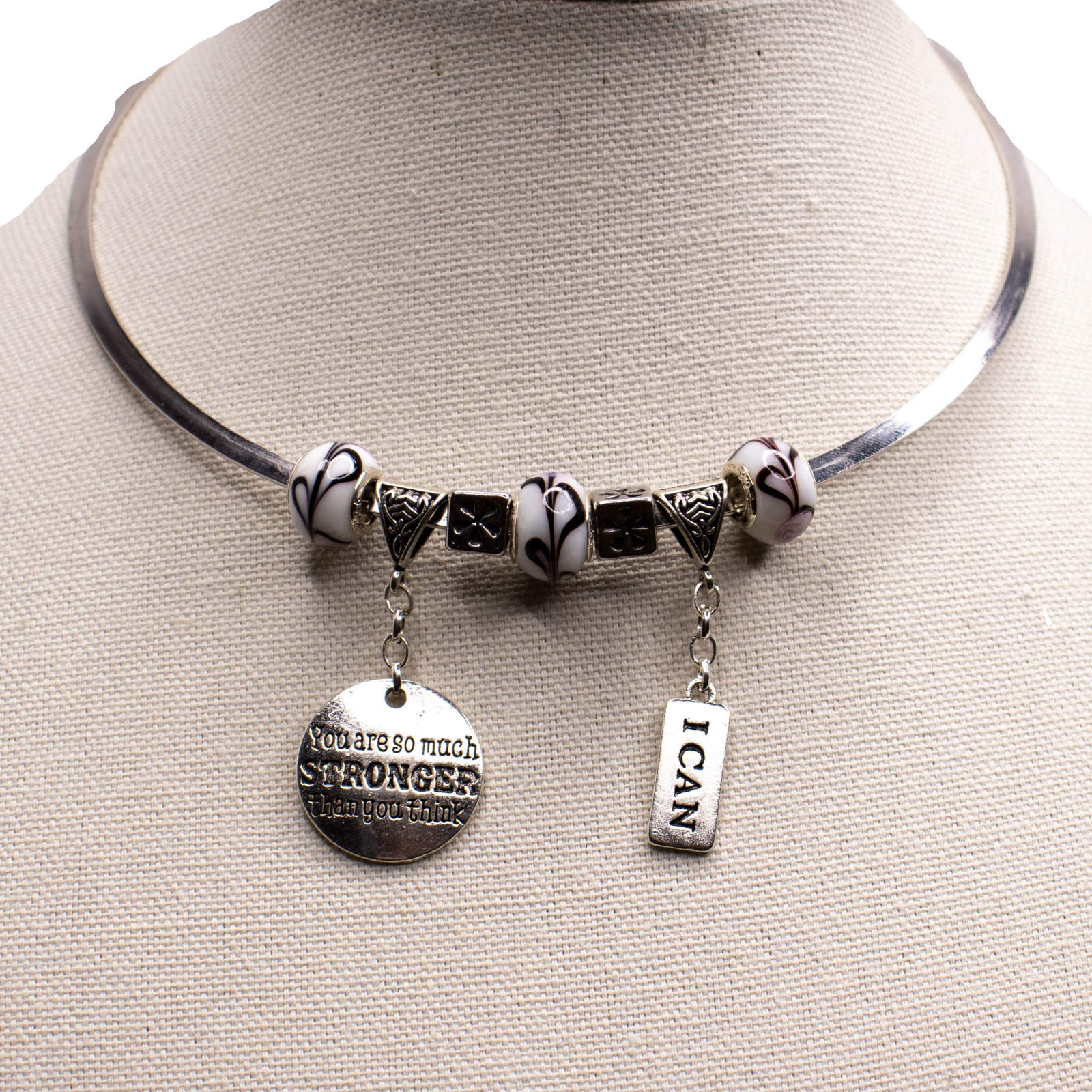 You Are Stronger Than You Think & I Can - Affirmation Charm Swirl & White Chunky Beads Silver Necklace choker
