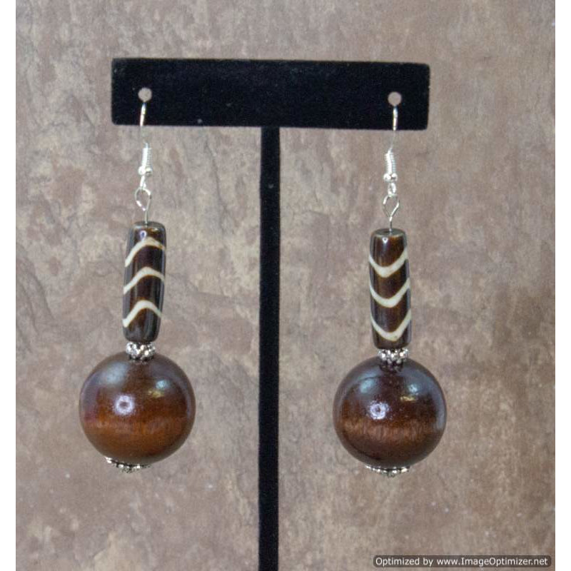 African Tribal, Afro-Punk Wood Ball Tube Dangling Bead Earrings Zebra Stripes