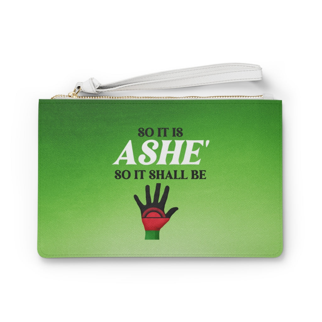 "ASHE'. Positive Affirmation Quote Vegan Leather Clutch/Wrist Purse/Green