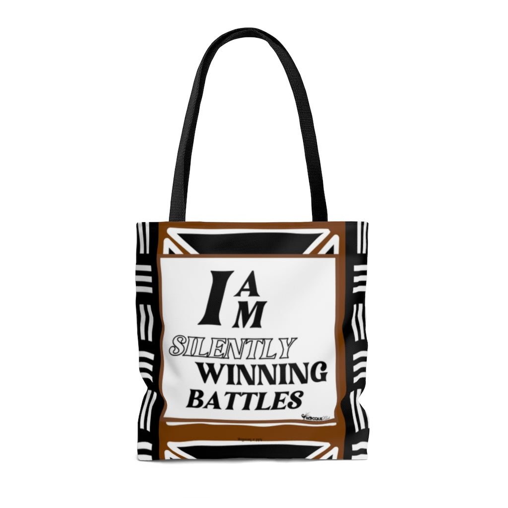 "I Am Silently Winning Battles", Positive Affirmation Quote Tote Bag/Black, White, & Brown Design