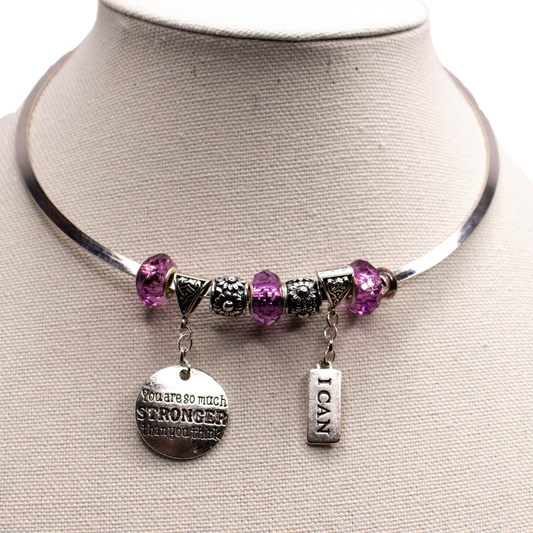  You Are Stronger Than You Think & I Can - Affirmation Charm Purple Chunky Beads Silver Necklace choker