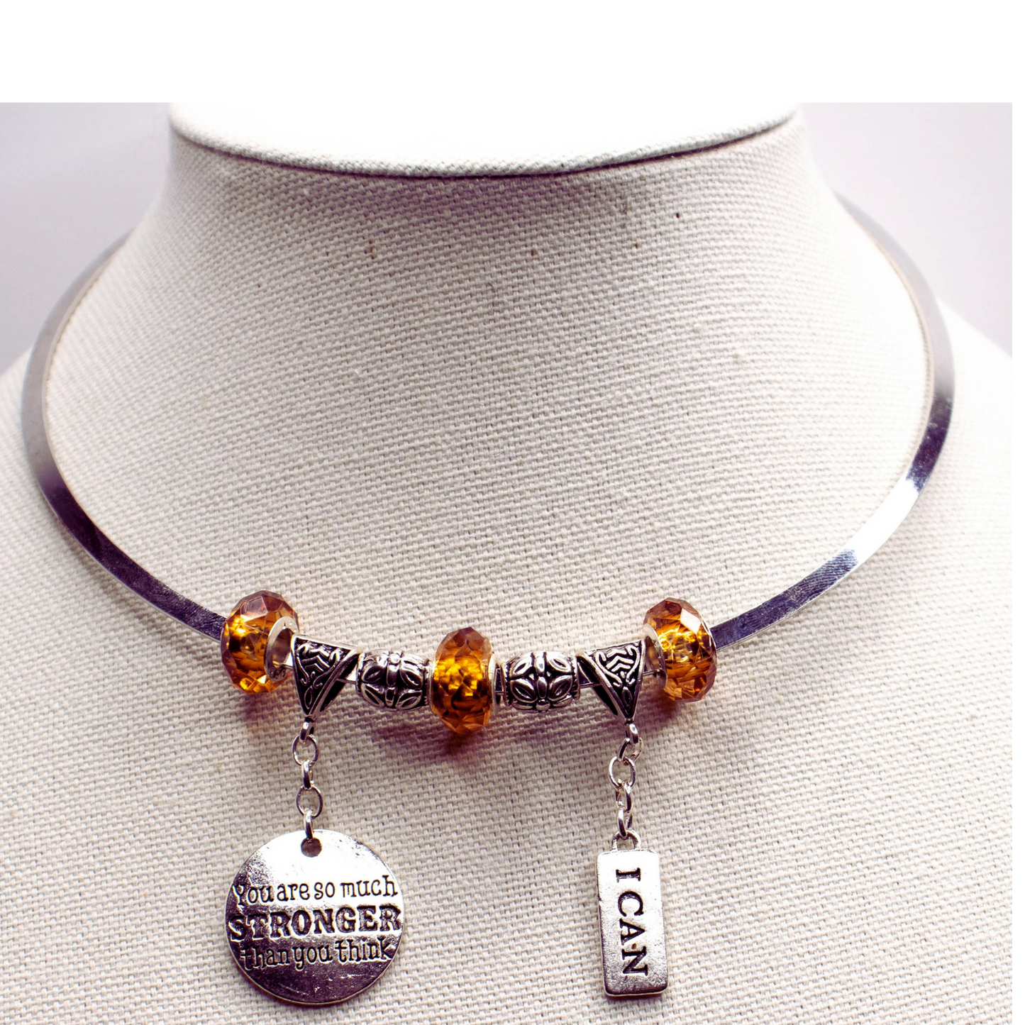 You Are Stronger Than You Think & I Can - Affirmation Charm, Citrus gem Chunky Beads , Silver Necklace choker