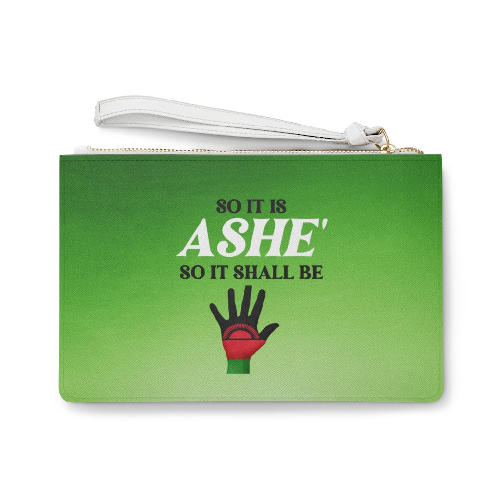 "ASHE'. Positive Affirmation Quote Vegan Leather Clutch/Wrist Purse/Green