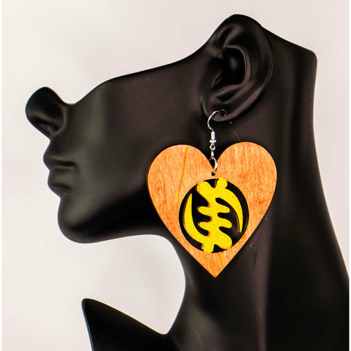 Heart shape- GYE NYAME/ Adinkra symbol/ Afrocentric/Bohemian/Cultural Conscious/Afro-Punk/West Africa Wood Earrings/Brown/ gold