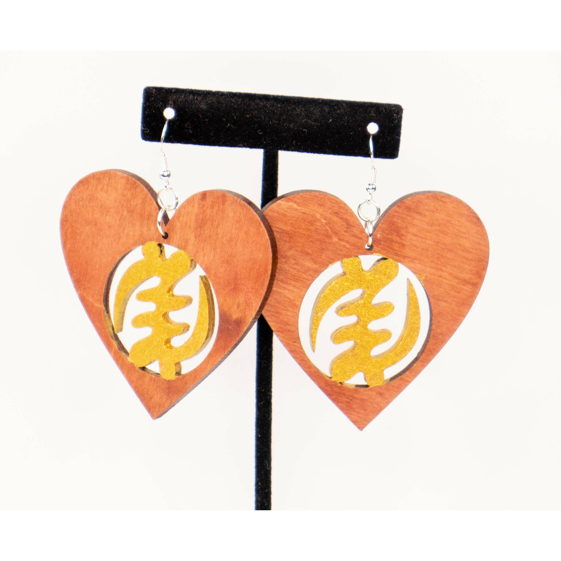 Heart shape- GYE NYAME/ Adinkra symbol/ Afrocentric/Bohemian/Cultural Conscious/Afro-Punk/West Africa Wood Earrings/Brown/ gold