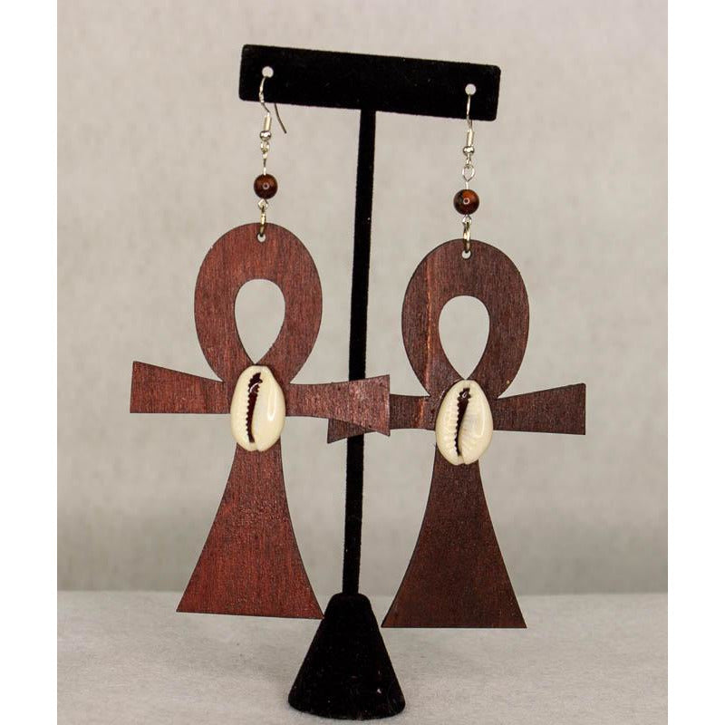 ANKH with Crowie Shell -Cultural Conscious/West African/AfroPunk Wood Brown Earring