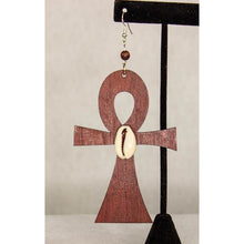 Load image into Gallery viewer, ANKH with Crowie Shell -Cultural Conscious/West African/AfroPunk Wood Brown Earring
