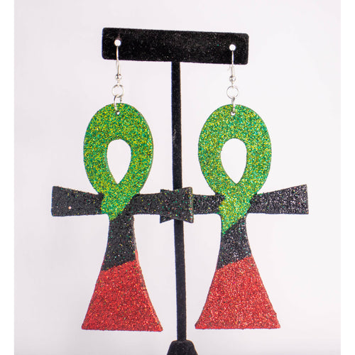Ankh Afrocentric Red, Black, & Green Glitter Earring